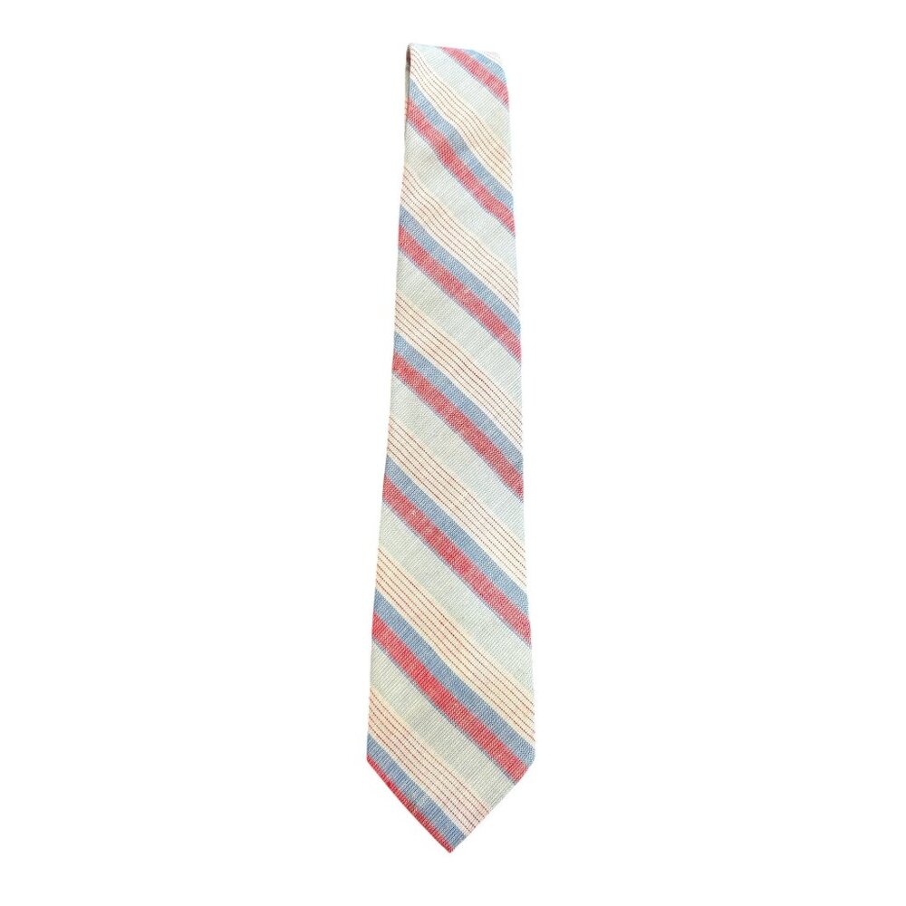 Claybrooke Mens Striped Red Blue and White Necktie 100% Silk